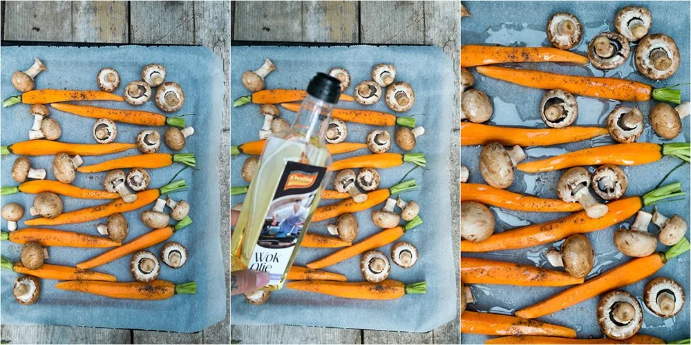 Maak de kastanje champignons schoon met veel water en leg ze tussen de bospeen. Maak de kastanje champignons schoon met veel water en leg ze tussen de bospeen.