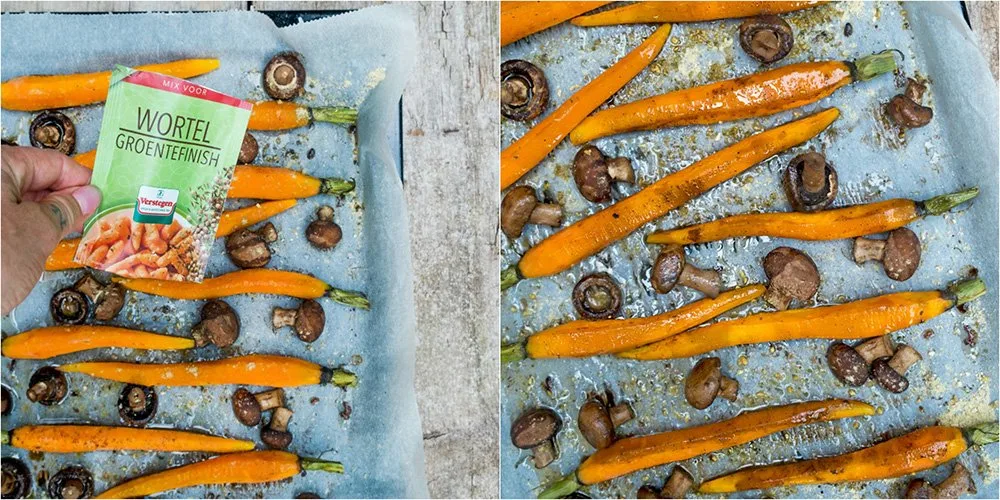 Als ze klaar zijn en uit de oven strooi de wortel groentefinish bovenop alle groenten. Als ze klaar zijn en uit de oven strooi de wortel groentefinish bovenop alle groenten.