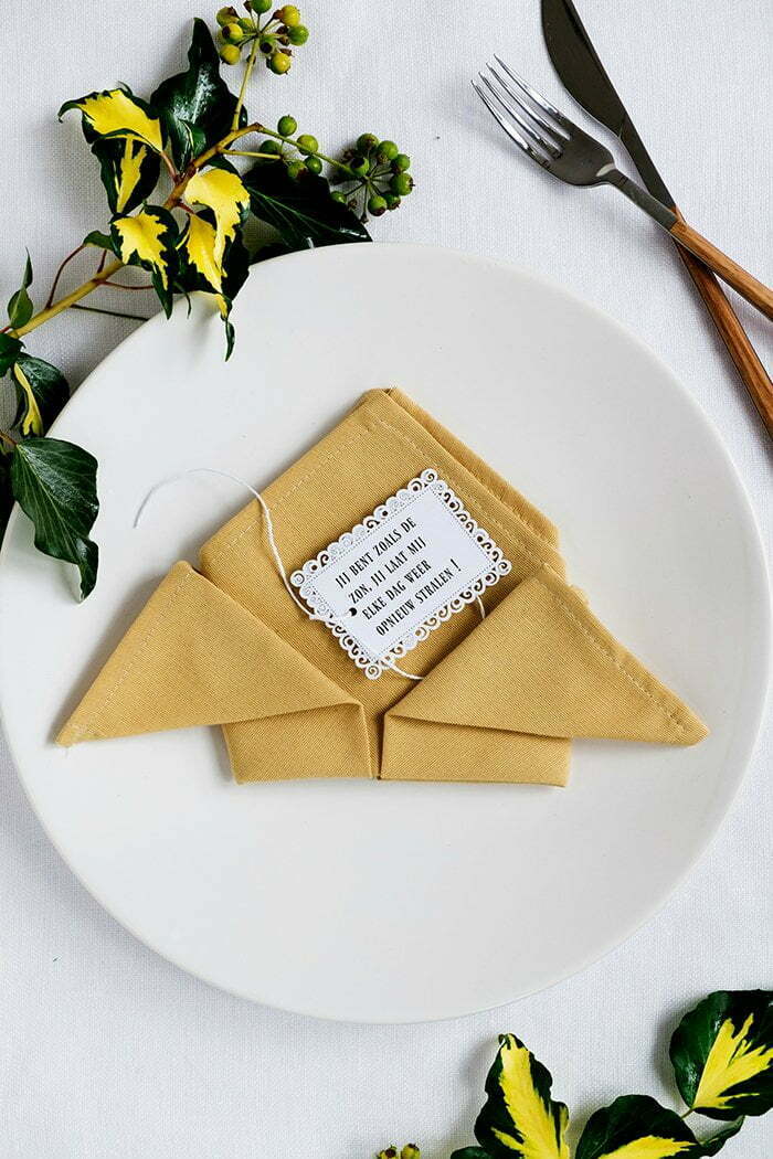 een servet gevouwen op een leuke en simpele manier je kunt er een naamkaart bij leggen, een foto, een gedicht of gewoon een bloemetje of een takje.