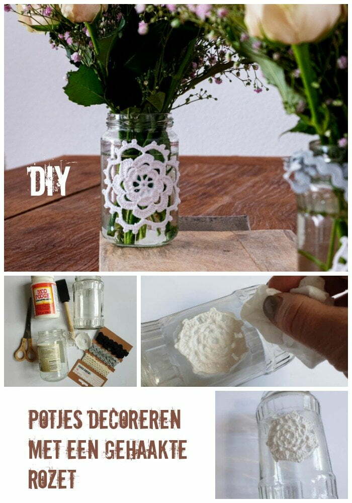 Pin: Potjes decoreren met een gehaakte rozet - Diy