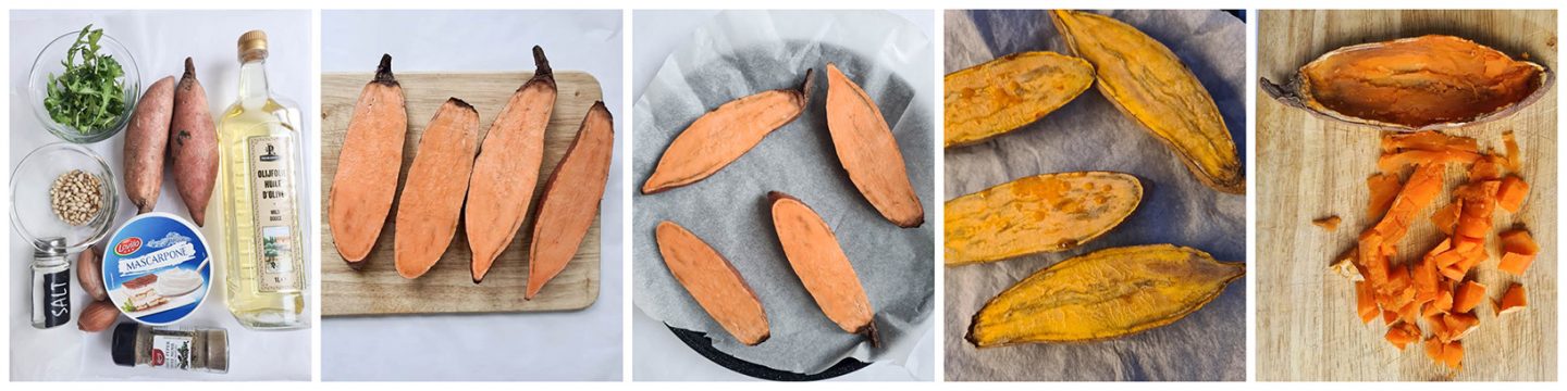 haal je met een lepel, de binnenkant van de zoete aardappel eruit