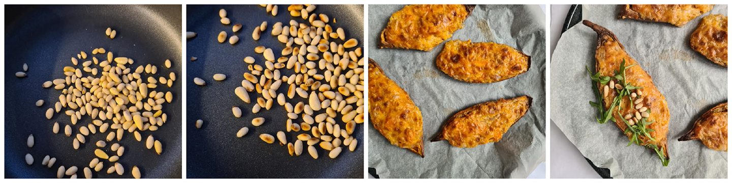garneren met rucola en de geroosterde pijnboompjes
