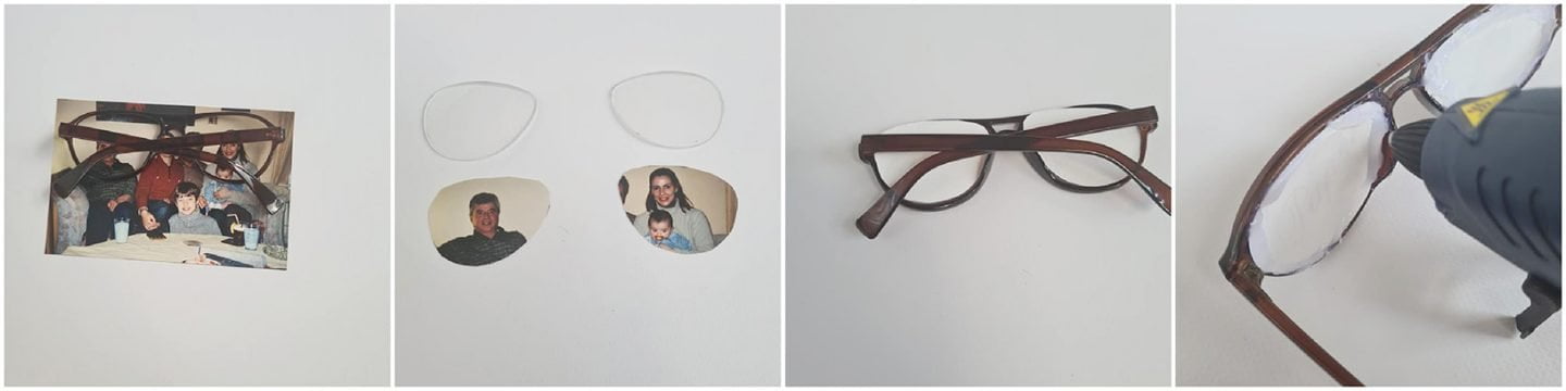 Vervolgens leg je op elk glas een geknipte foto