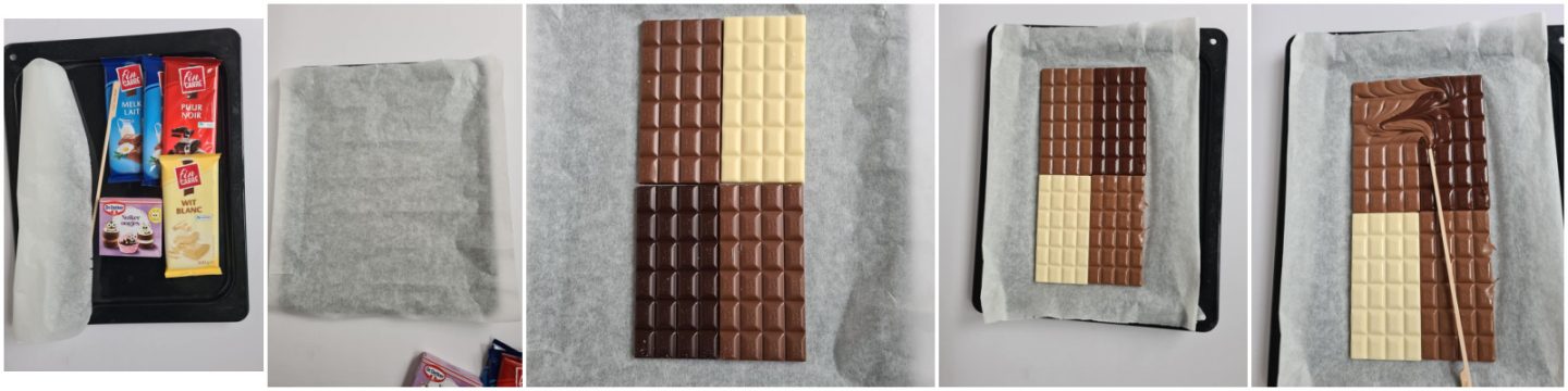 Daarna elke reep chocolade neerleggen op het bakpapier. Alle 4 stuks tegen elkaar zoals op de foto.