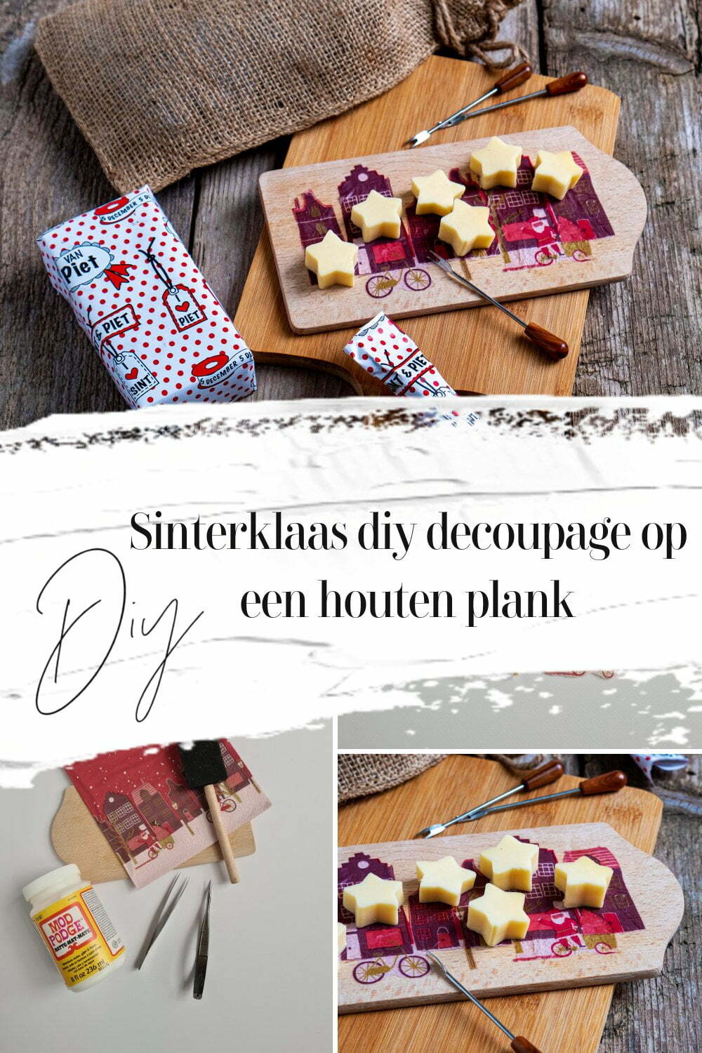 Sinterklaas diy decoupage op een houten plank