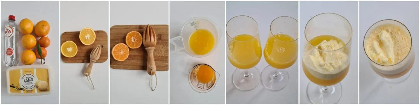 Vervolgens giet je elke helft van de mandarijn sap bij elk glas.